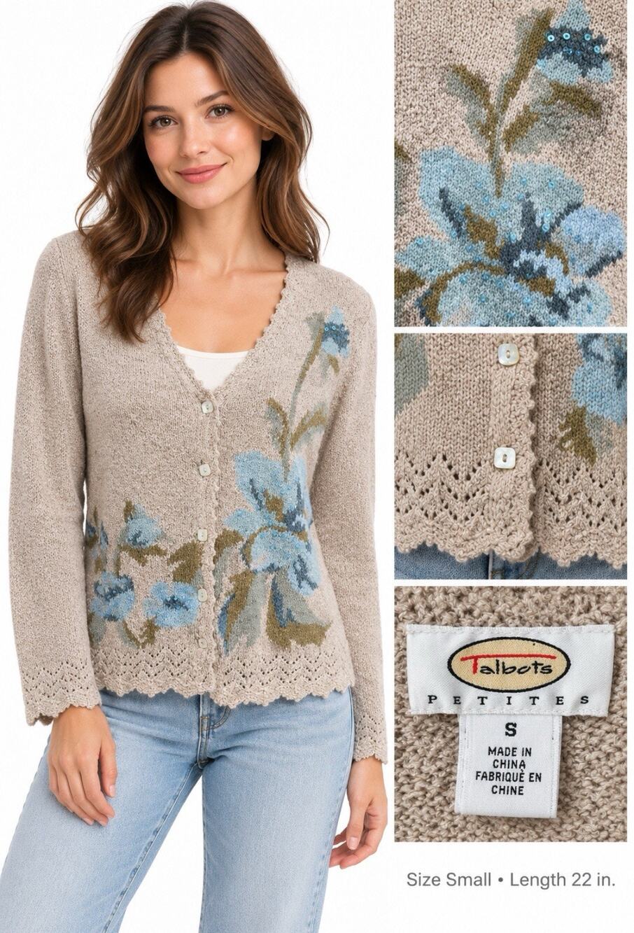 Vtg Grandmother Boho Talbots Petites Floral Cardigan Sweater Sz SP Beige Sequin